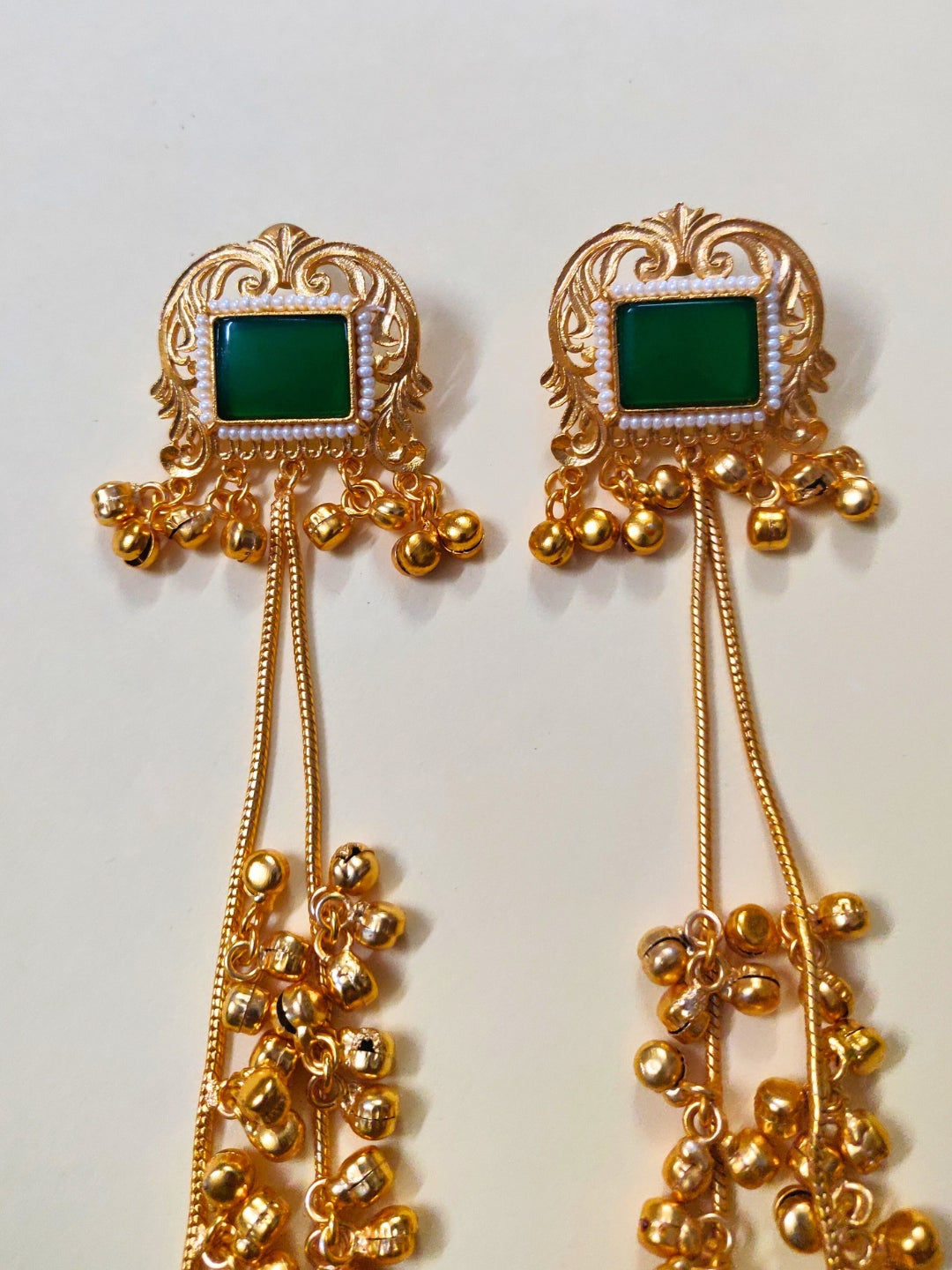 VIVAZS Gold Plated Kashmiri Long Drop Earrings (Green)