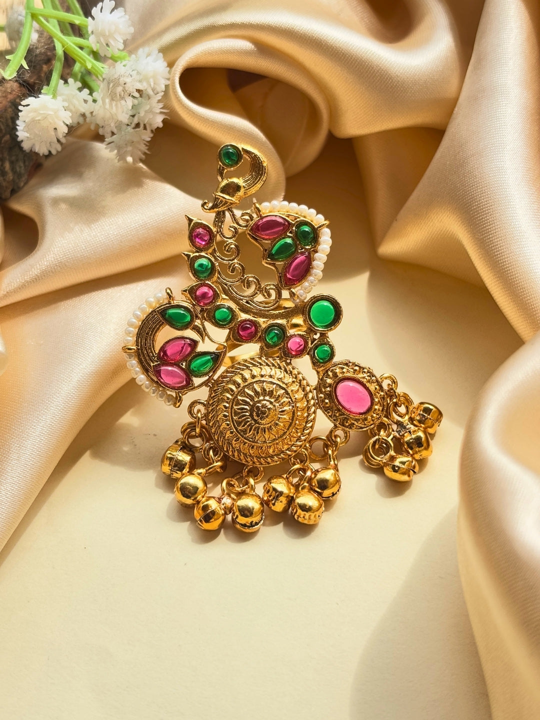 Gold-Plated Pink & Green Kundan Stones Ghungroo Adjustable Finger Ring