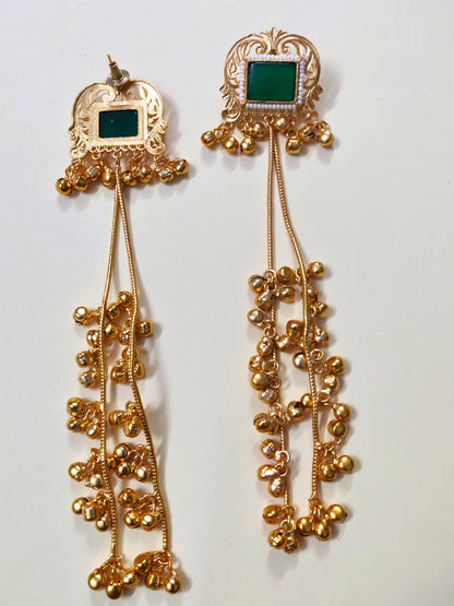 VIVAZS Gold Plated Kashmiri Long Drop Earrings (Green)