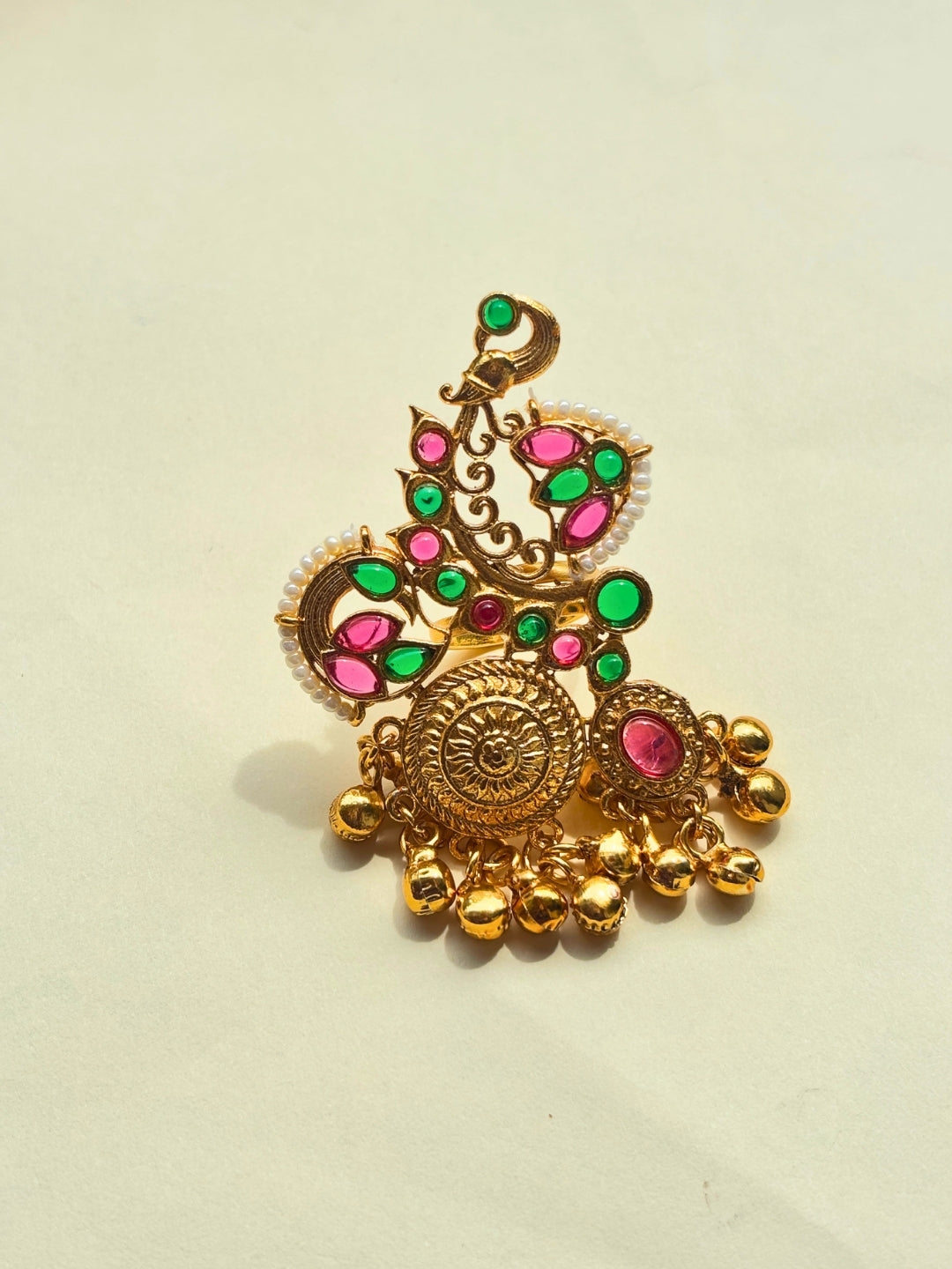 Gold-Plated Pink & Green Kundan Stones Ghungroo Adjustable Finger Ring