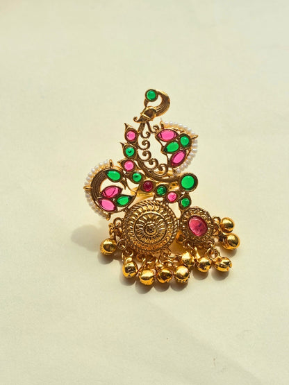 Gold-Plated Pink & Green Kundan Stones Ghungroo Adjustable Finger Ring