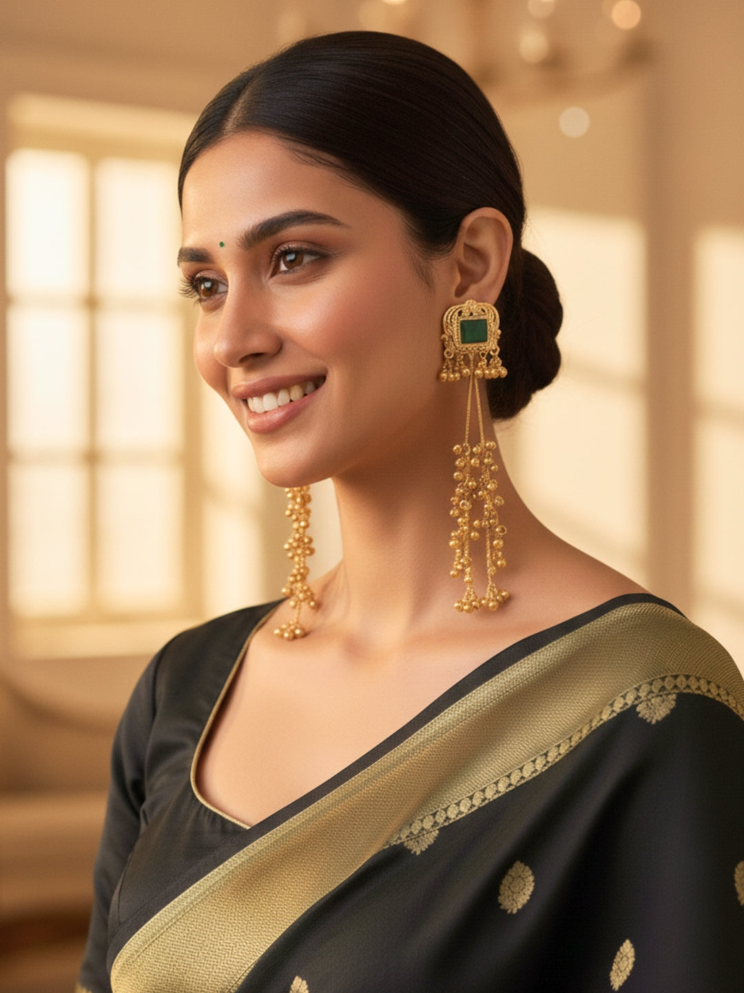 VIVAZS Gold Plated Kashmiri Long Drop Earrings (Green)