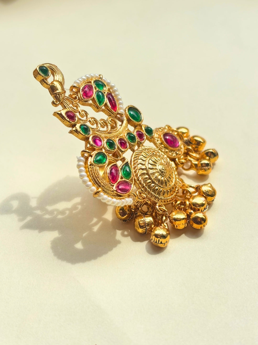 Gold-Plated Pink & Green Kundan Stones Ghungroo Adjustable Finger Ring