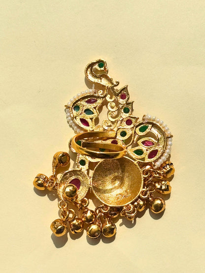 Gold-Plated Pink & Green Kundan Stones Ghungroo Adjustable Finger Ring