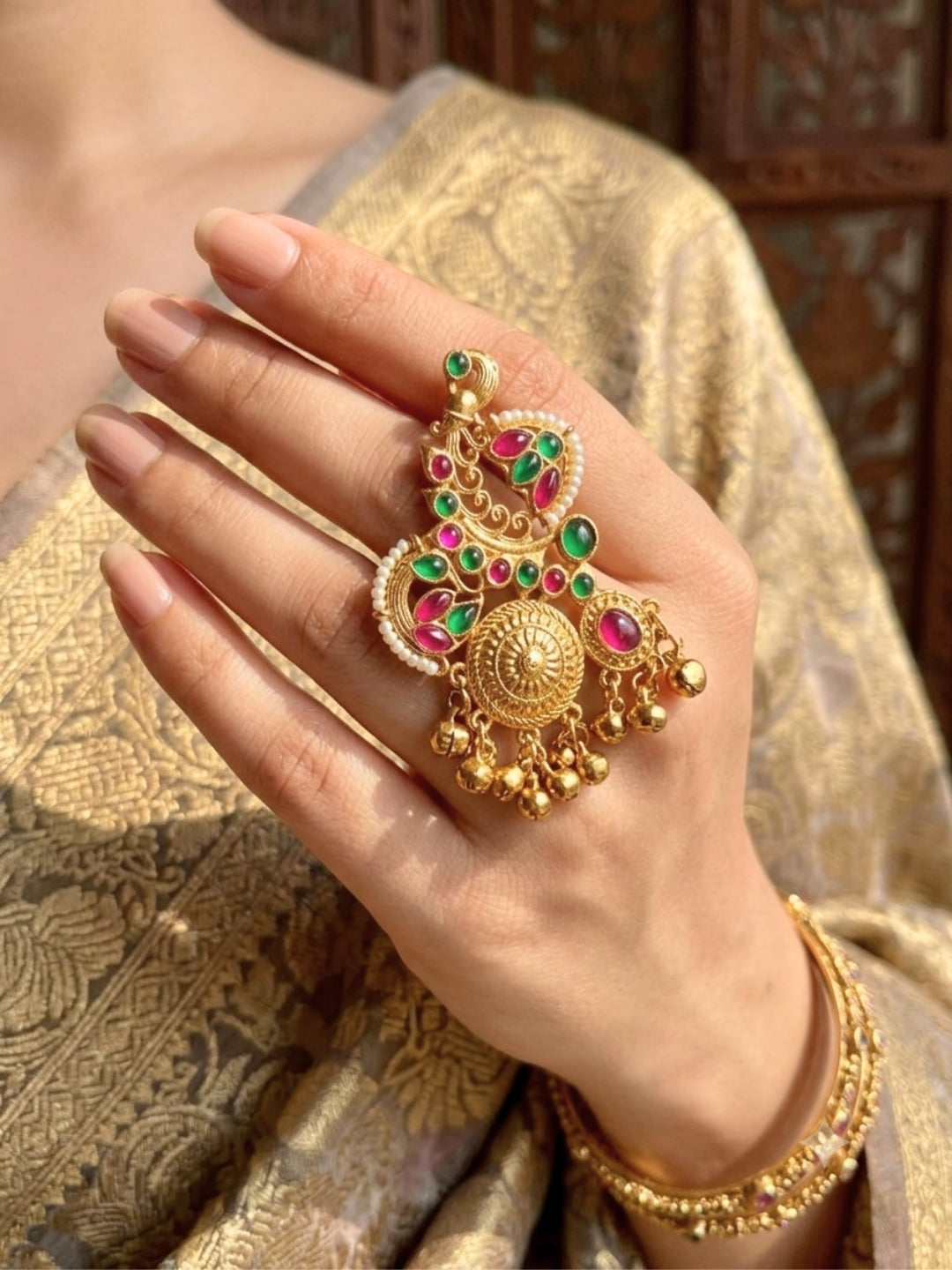 Gold-Plated Pink & Green Kundan Stones Ghungroo Adjustable Finger Ring