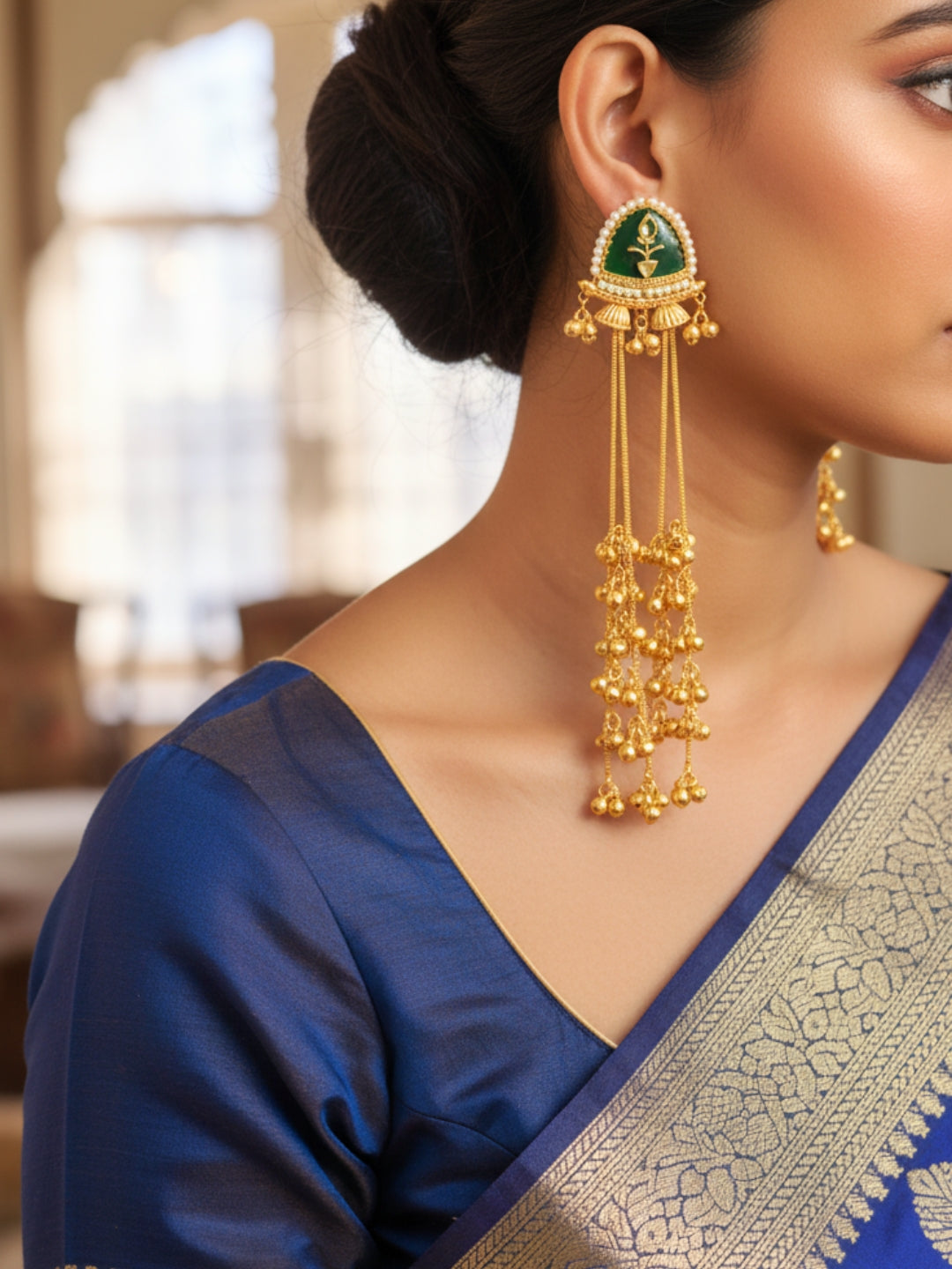 VIVAZS Gold Plated Kashmiri Long Drop Earrings(Green)