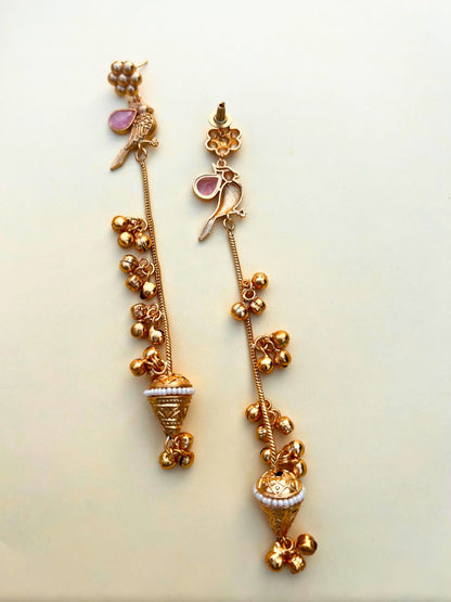 VIVAZS Gold Plated Kashmiri Long Drop Earrings (PINK)