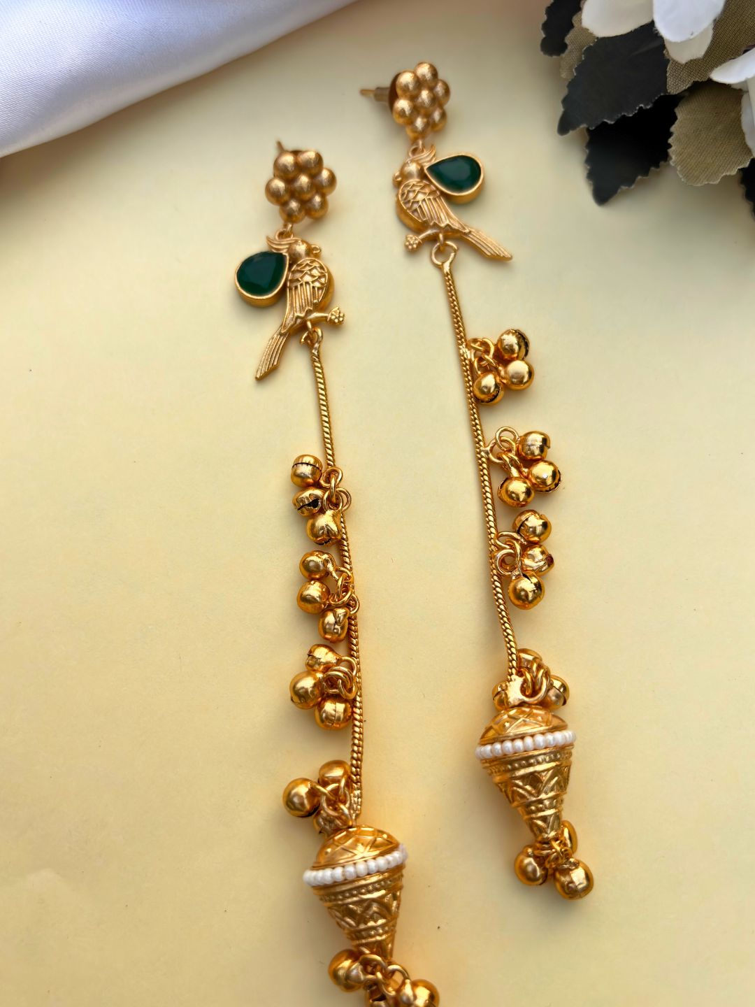 VIVAZS Gold Plated Kashmiri Long Drop Earrings (GREEN)