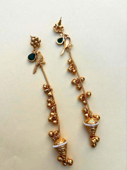 VIVAZS Gold Plated Kashmiri Long Drop Earrings (GREEN)