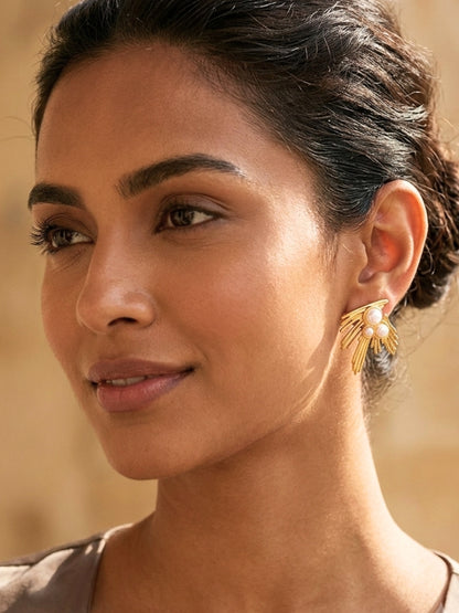 Women 18k Gold Plated Pearls Beaded Abstract Leaf Design Waterproof & Anti-Tarnish Earrings