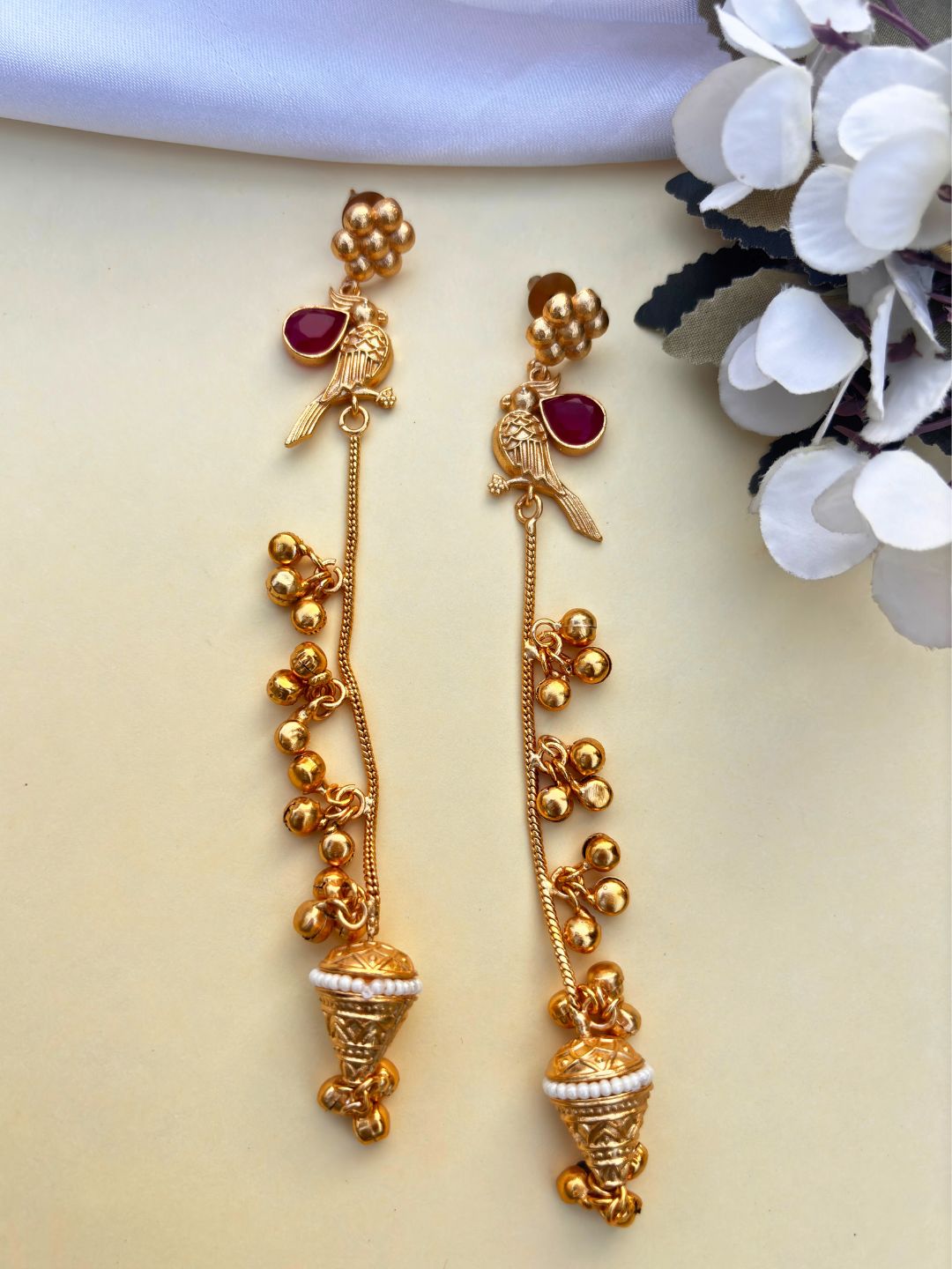 VIVAZS Gold Plated Kashmiri Long Drop Earrings (Red)