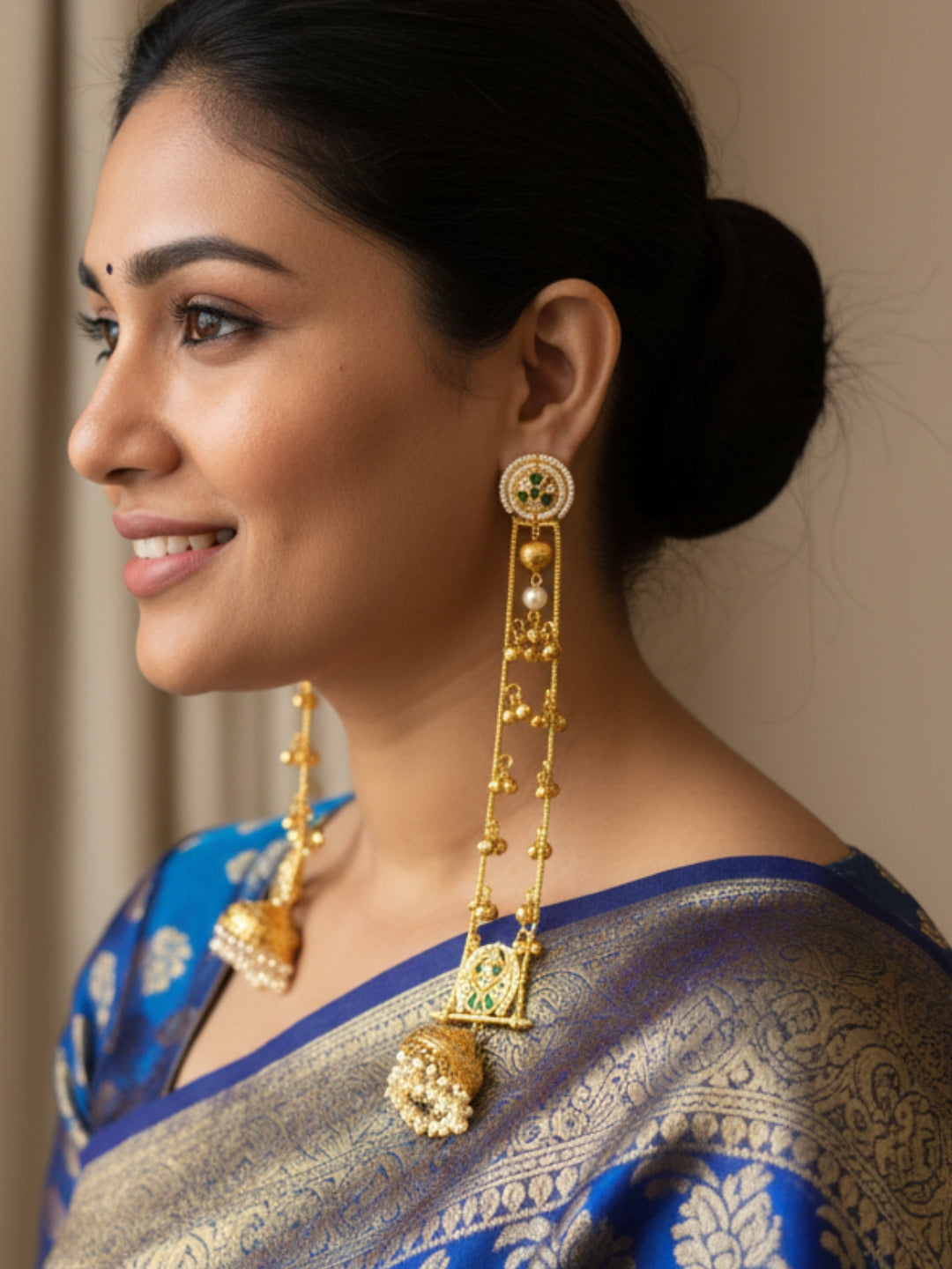 VIVAZS Gold Plated Kashmiri Long Drop Earrings(Green and White)