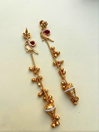 VIVAZS Gold Plated Kashmiri Long Drop Earrings (Red)
