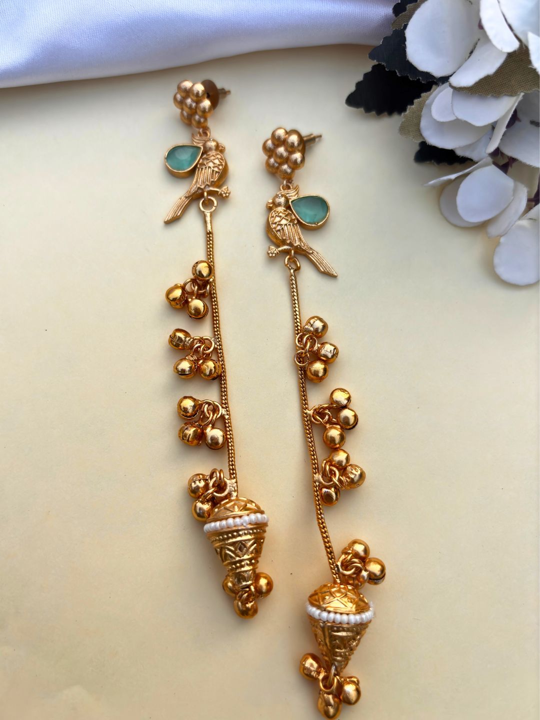 VIVAZS Gold Plated Kashmiri Long Drop Earrings (Mint)