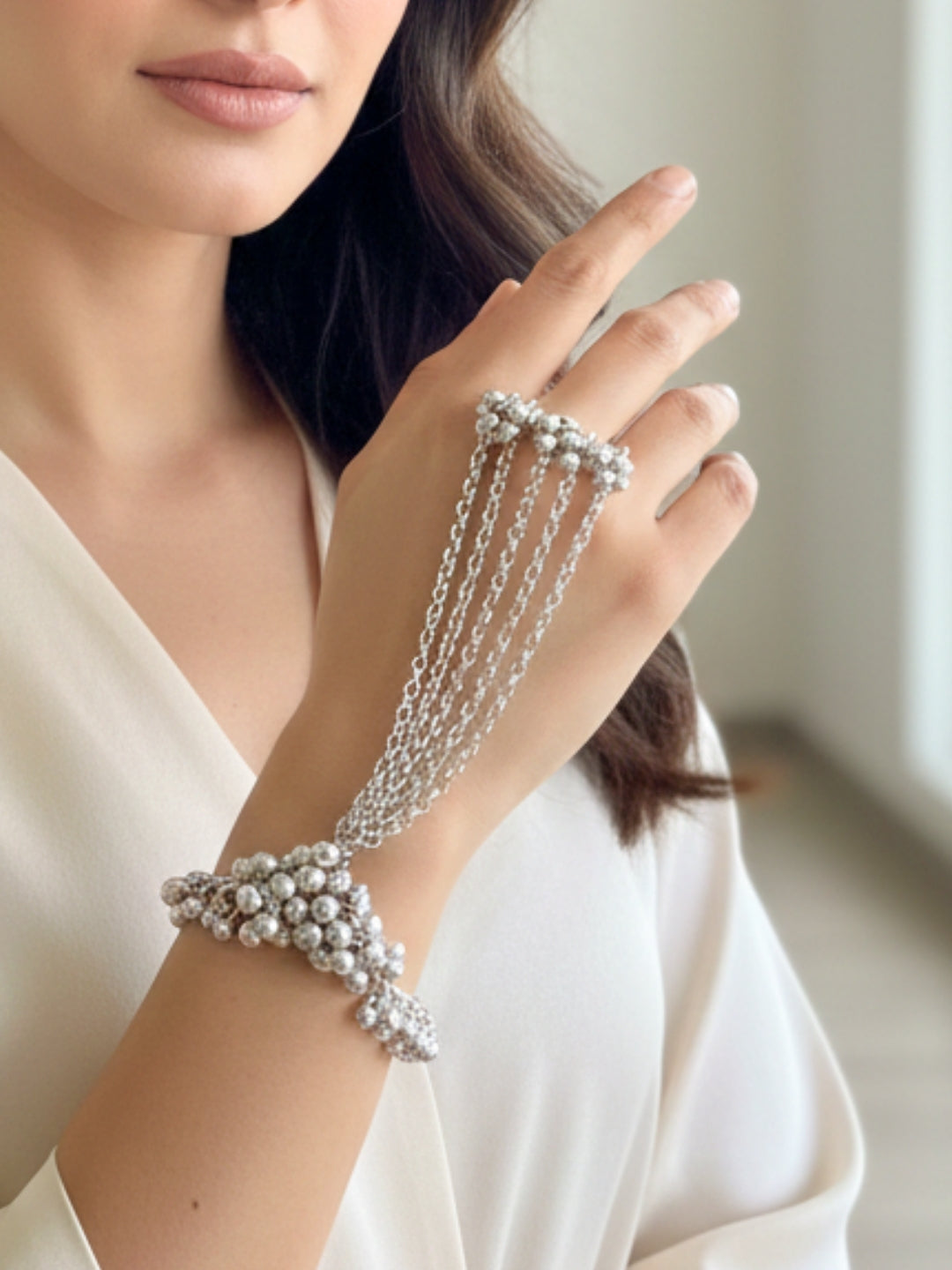 Silver Plated Hathphool Ring Bracelet (One Hand Only)