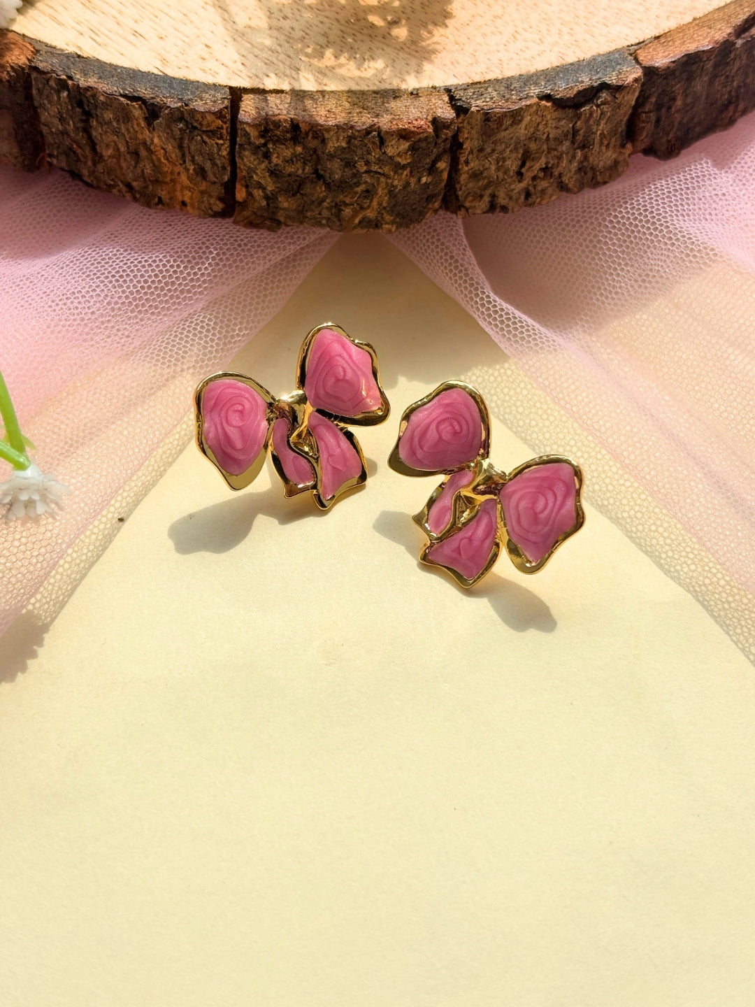 Gold-Plated Pink Enamel Bow Shaped Anti-Tarnish Gold-Plated Stud Earring