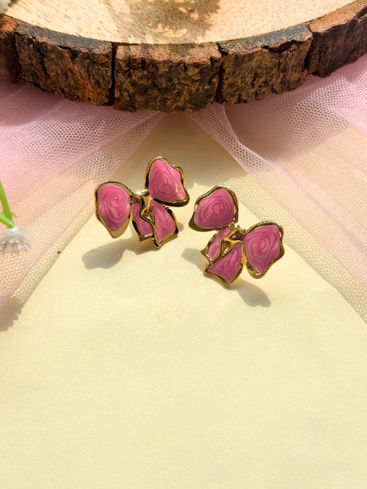 Gold-Plated Pink Enamel Bow Shaped Anti-Tarnish Gold-Plated Stud Earring