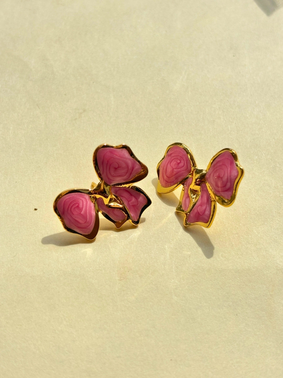 Gold-Plated Pink Enamel Bow Shaped Anti-Tarnish Gold-Plated Stud Earring