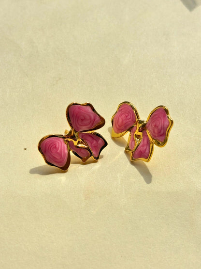 Gold-Plated Pink Enamel Bow Shaped Anti-Tarnish Gold-Plated Stud Earring