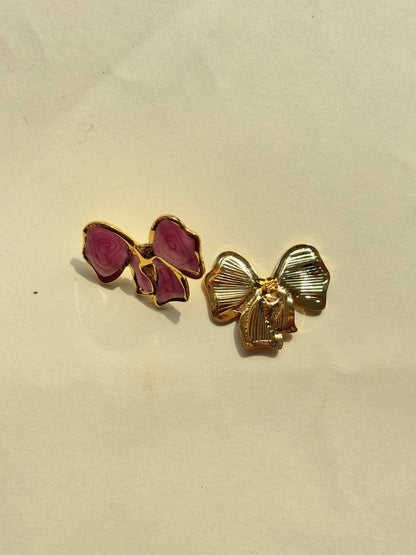 Gold-Plated Pink Enamel Bow Shaped Anti-Tarnish Gold-Plated Stud Earring