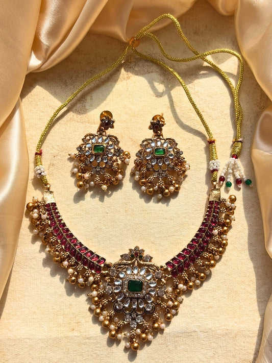 Gold-Plated Kundan Ruby Stone Statement Choker Necklace Jewellery Set