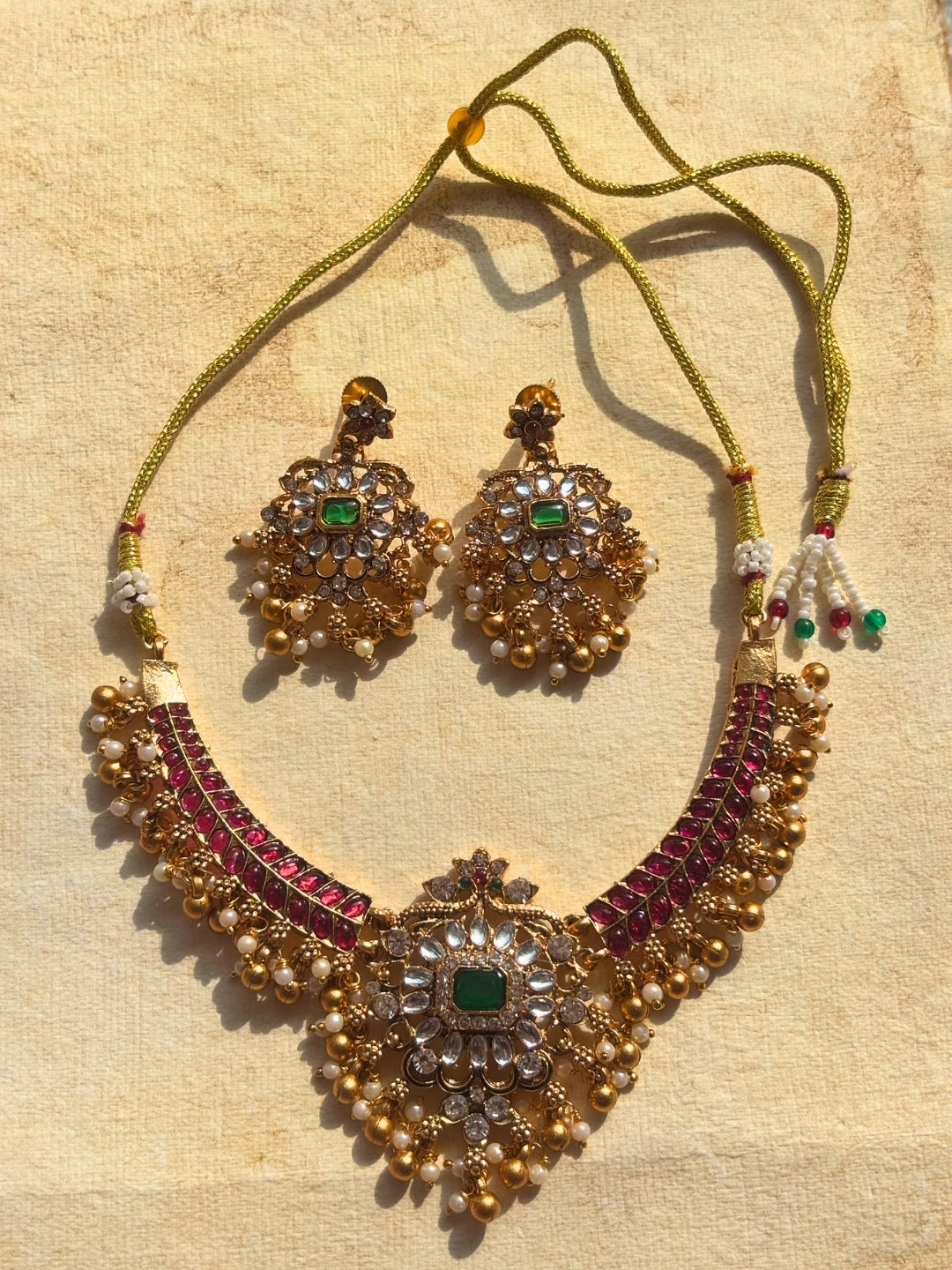 Gold-Plated Kundan Ruby Stone Statement Choker Necklace Jewellery Set