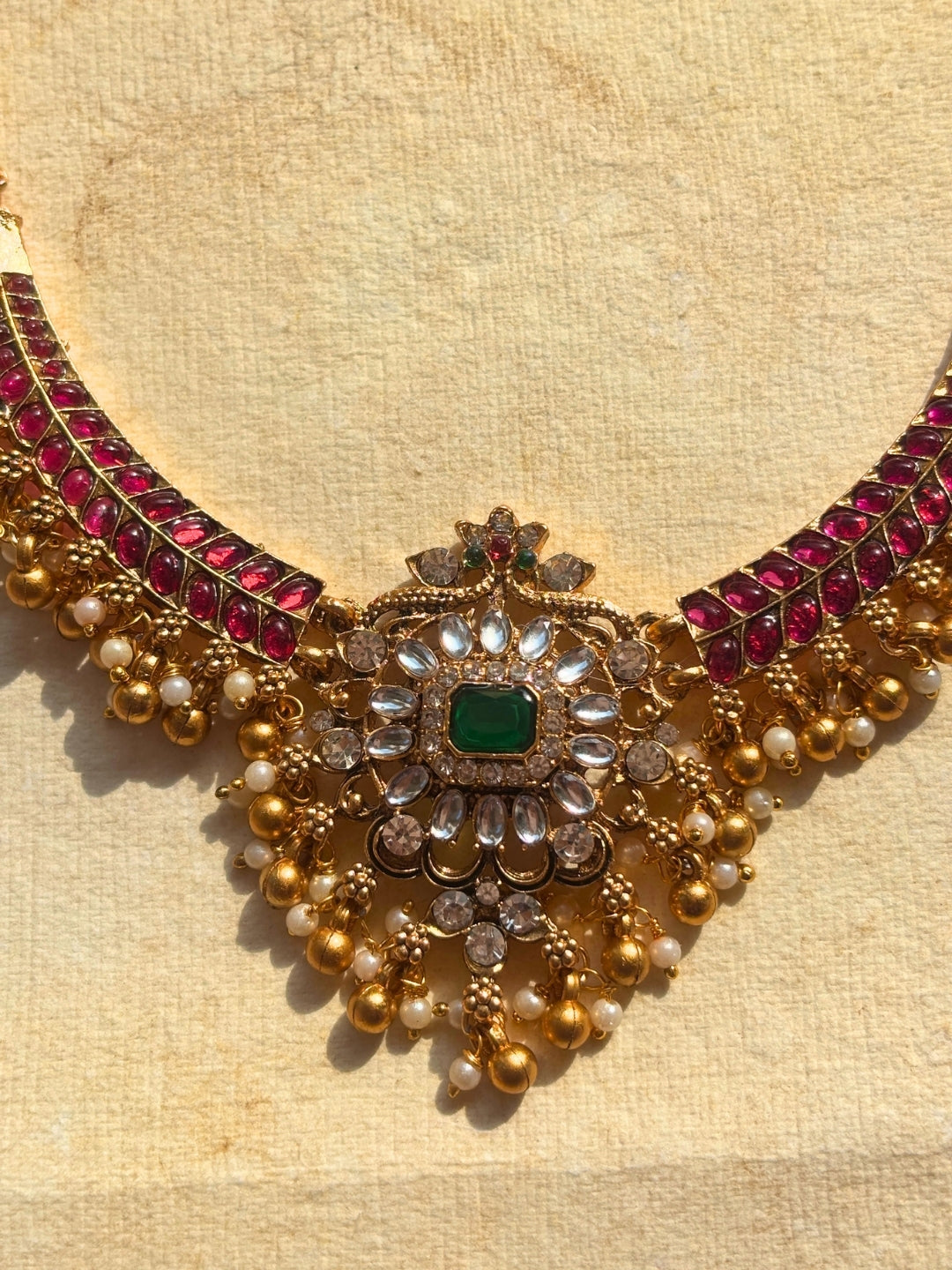 Gold-Plated Kundan Ruby Stone Statement Choker Necklace Jewellery Set