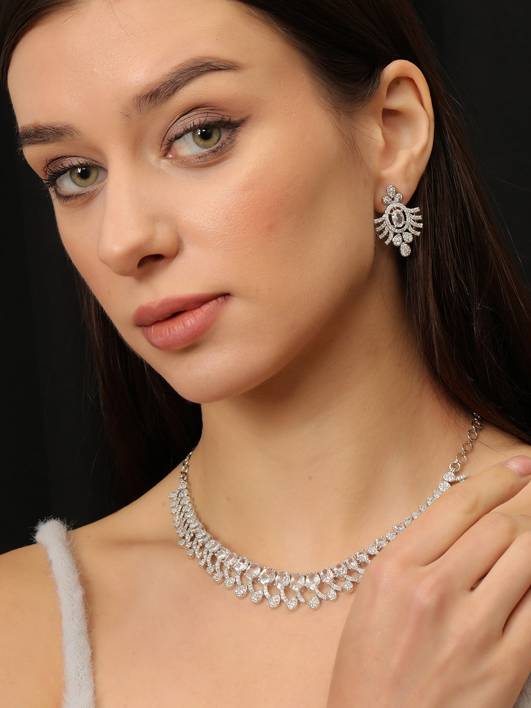 Rhodium-Plated White Ad & Cubic Zirconia Studded Necklace Jewellery Set