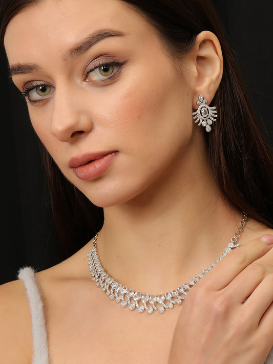 Rhodium-Plated White Ad & Cubic Zirconia Studded Necklace Jewellery Set