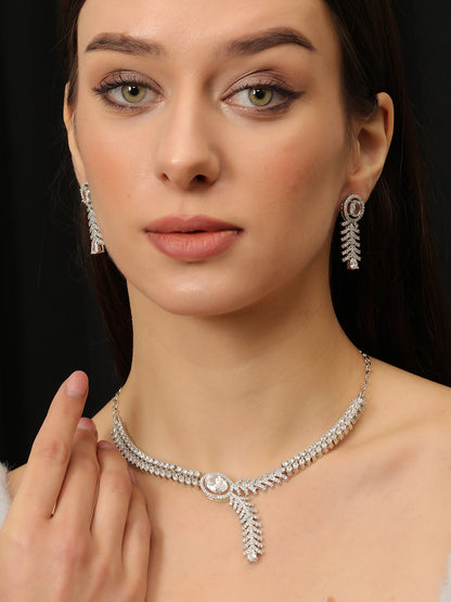 Silver Plated Ad & Cubic Zirconia Studded Premium Necklace Jewellery Set