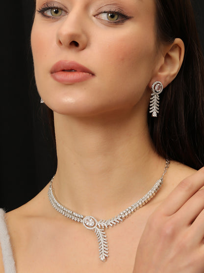 Silver Plated Ad & Cubic Zirconia Studded Premium Necklace Jewellery Set