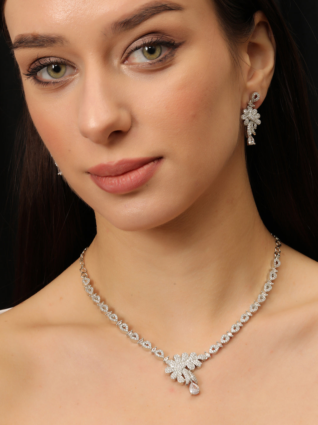 Rhodium-Plated White Ad & Cubic Zirconia Studded Premium Necklace Jewellery Set