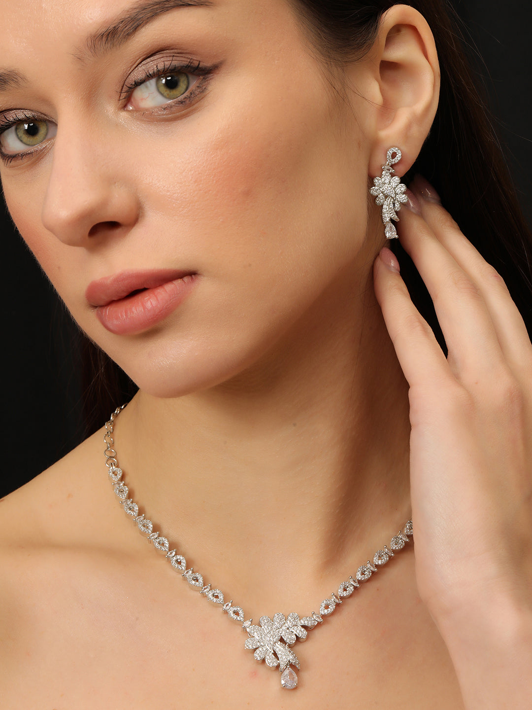 Rhodium-Plated White Ad & Cubic Zirconia Studded Premium Necklace Jewellery Set