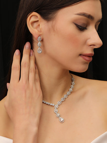 Silver Plated Ad & Cubic Zirconia Studded Premium Necklace Jewellery Set