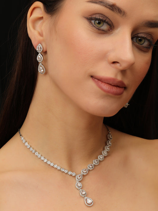 Silver Plated Ad & Cubic Zirconia Studded Premium Necklace Jewellery Set