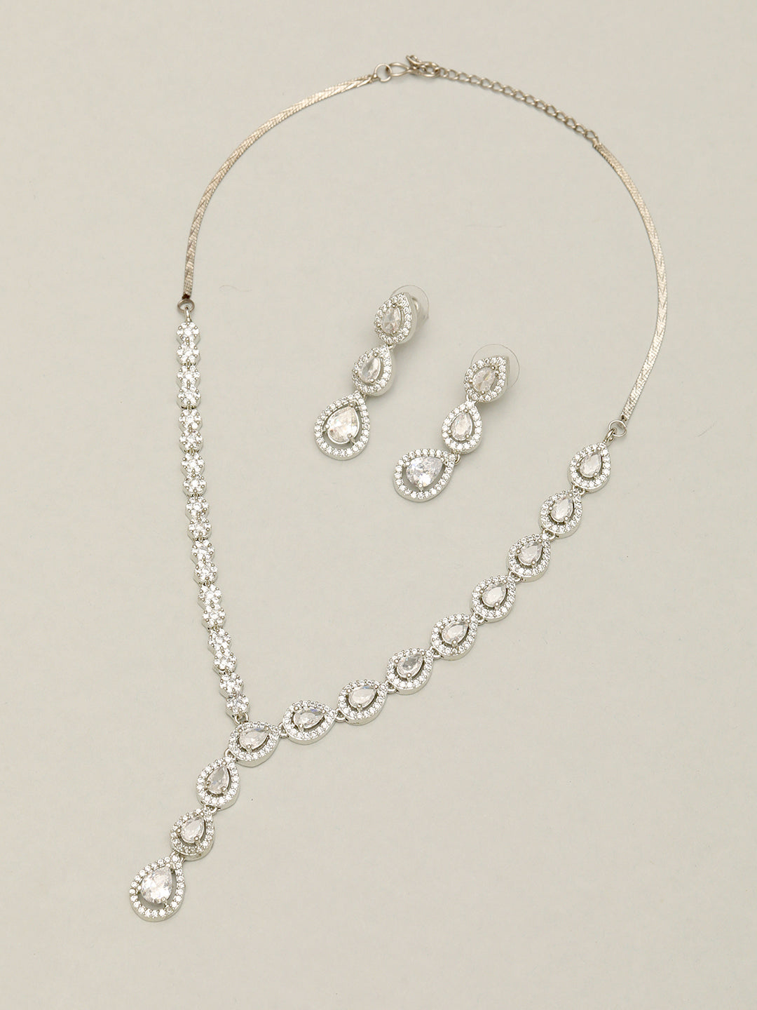 Silver Plated Ad & Cubic Zirconia Studded Premium Necklace Jewellery Set
