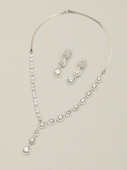 Silver Plated Ad & Cubic Zirconia Studded Premium Necklace Jewellery Set