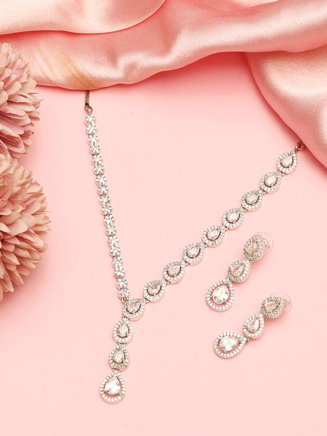 Silver Plated Ad & Cubic Zirconia Studded Premium Necklace Jewellery Set