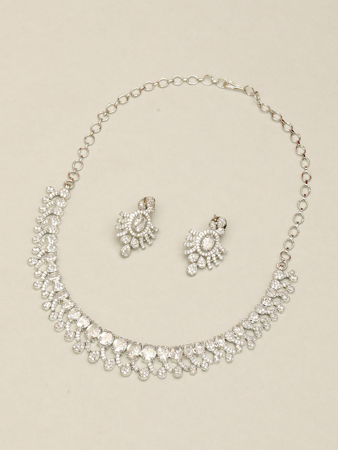 Rhodium-Plated White Ad & Cubic Zirconia Studded Necklace Jewellery Set