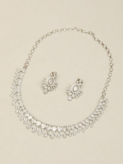 Rhodium-Plated White Ad & Cubic Zirconia Studded Necklace Jewellery Set