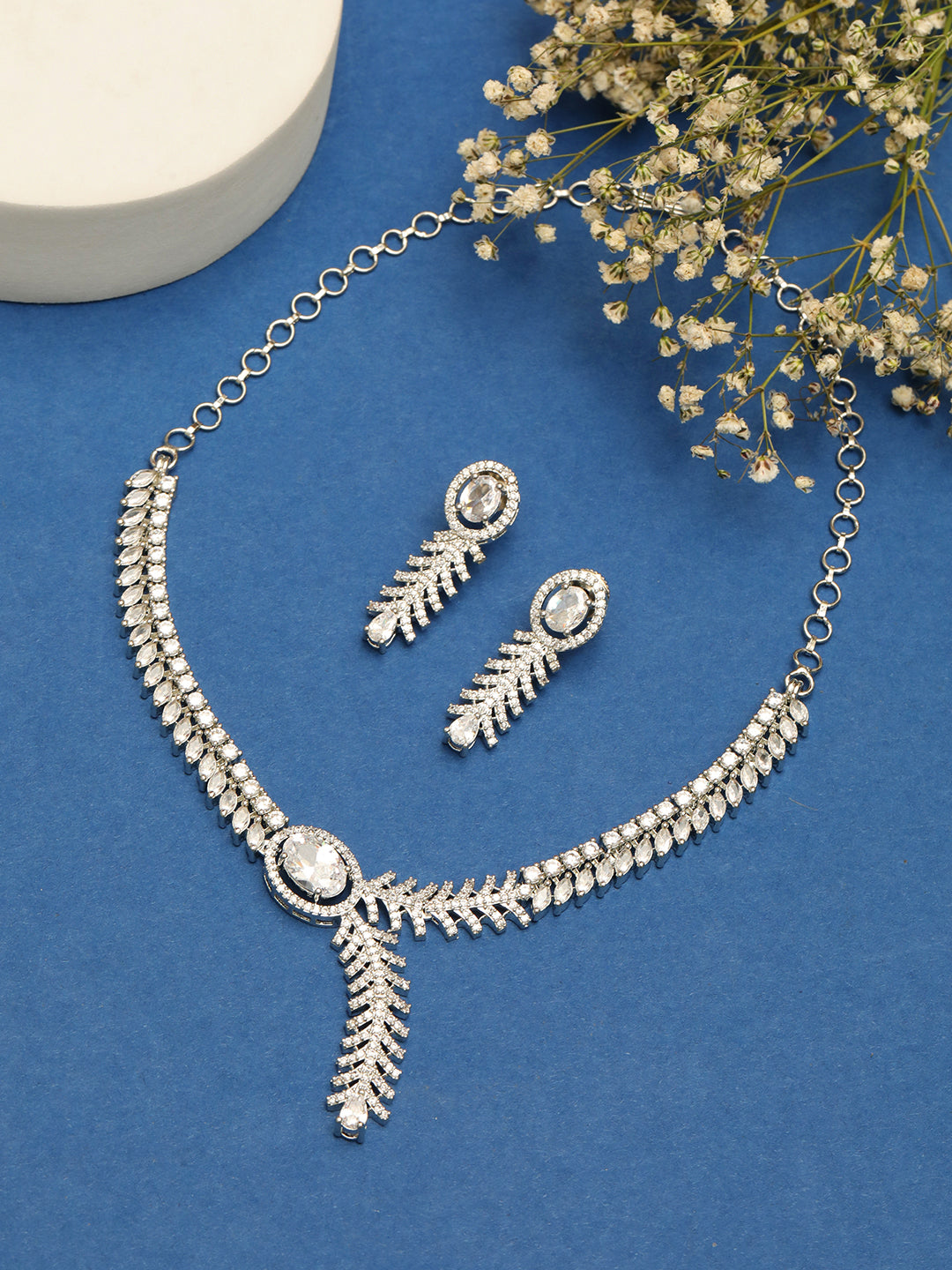 Silver Plated Ad & Cubic Zirconia Studded Premium Necklace Jewellery Set