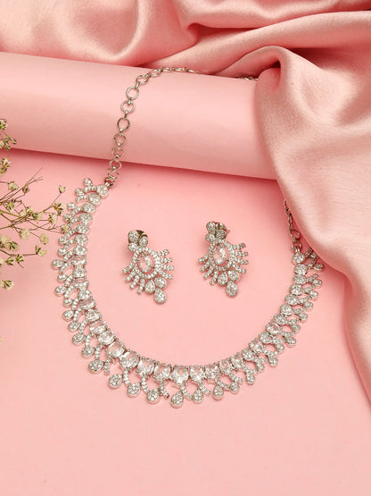 Rhodium-Plated White Ad & Cubic Zirconia Studded Necklace Jewellery Set