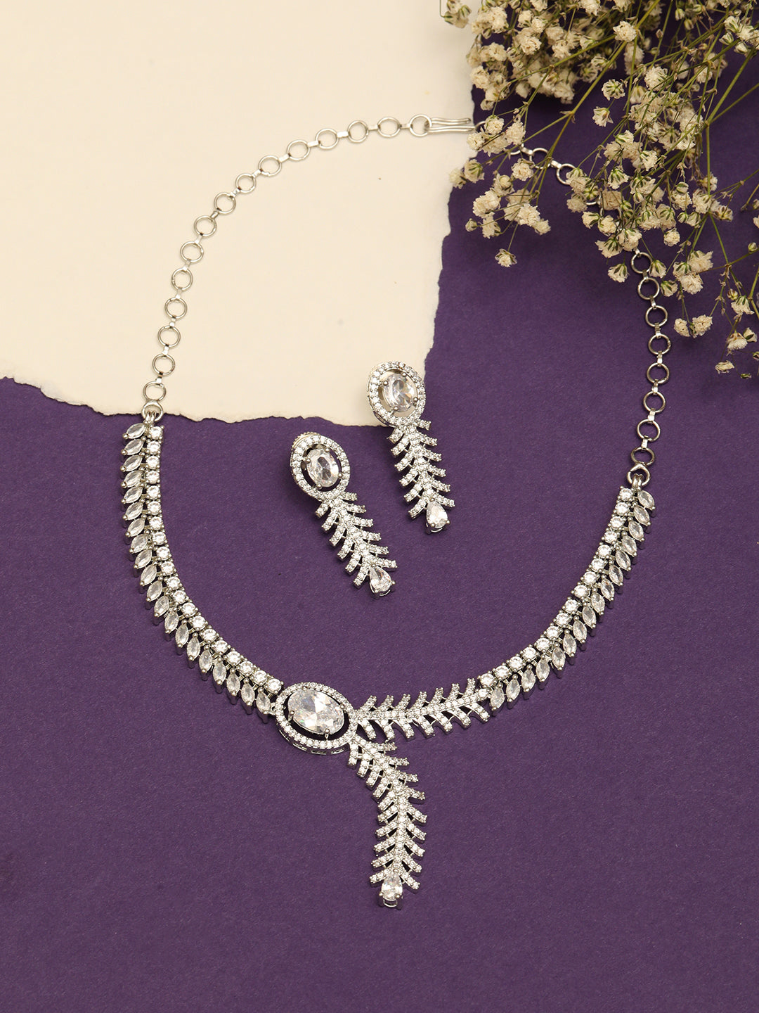 Silver Plated Ad & Cubic Zirconia Studded Premium Necklace Jewellery Set