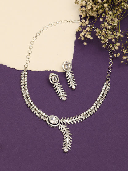 Silver Plated Ad & Cubic Zirconia Studded Premium Necklace Jewellery Set