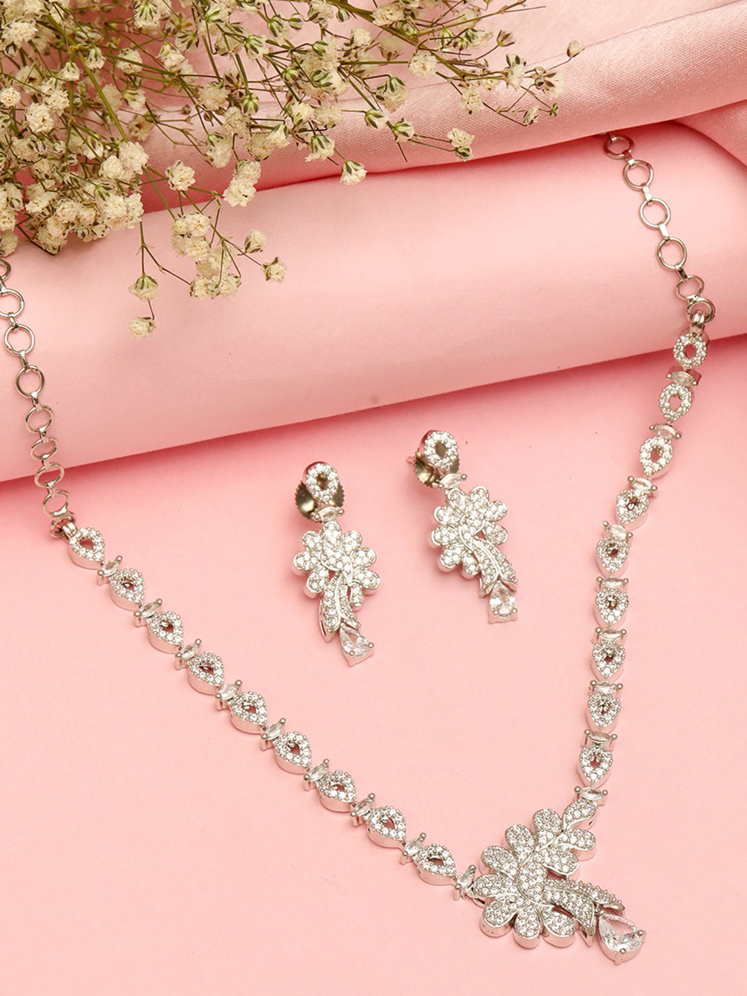 Rhodium-Plated White Ad & Cubic Zirconia Studded Premium Necklace Jewellery Set