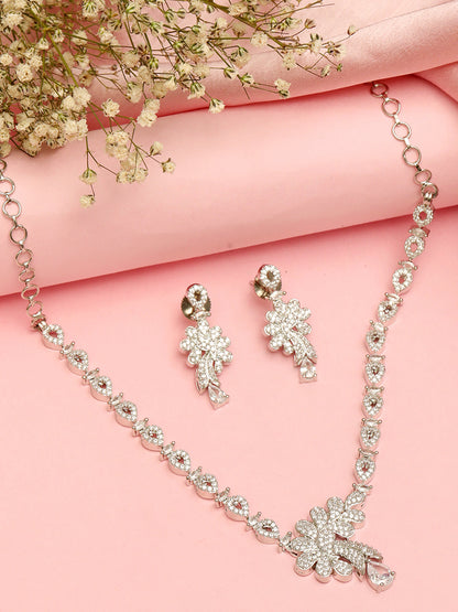 Rhodium-Plated White Ad & Cubic Zirconia Studded Premium Necklace Jewellery Set