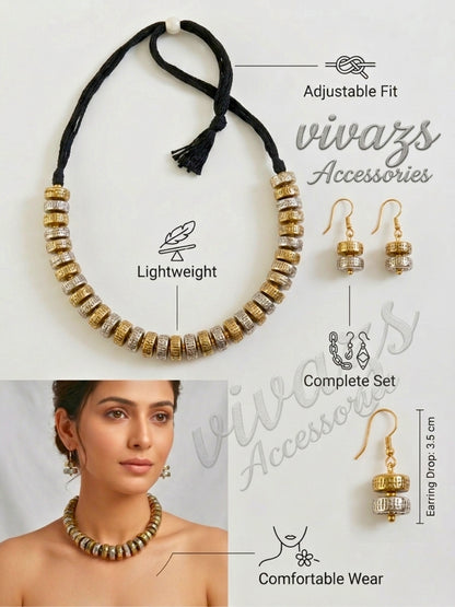 Silver & Gold-Plated Oxidized Beaded Choker Necklace set