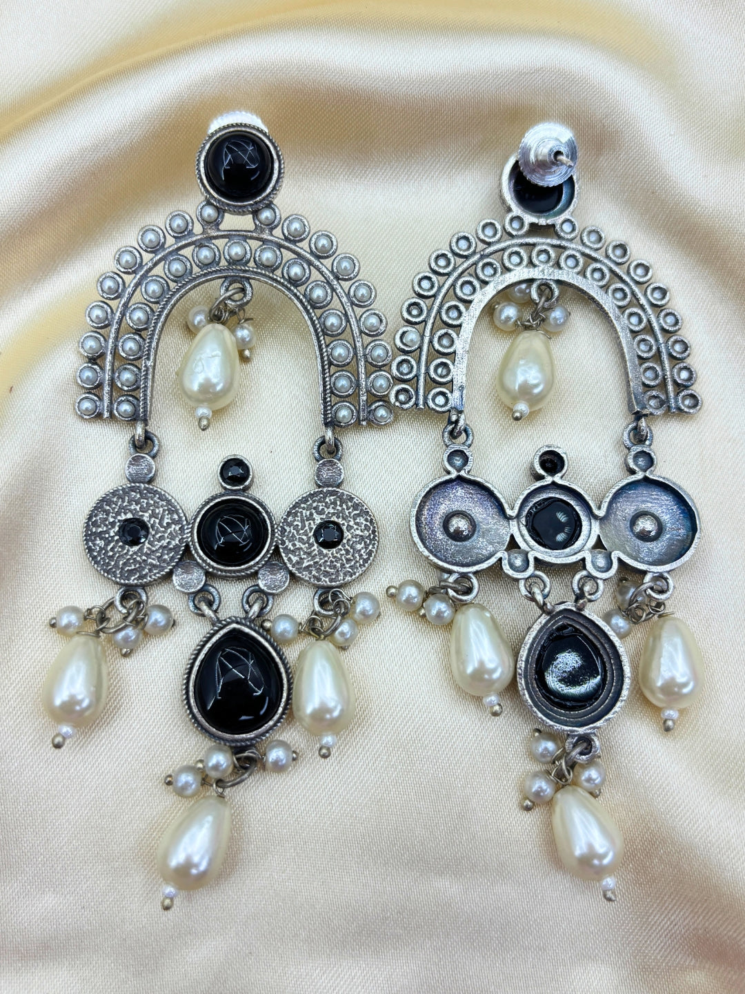 Black Stone & Pearl Embellished Oxidised Chandbali Statement Earrings