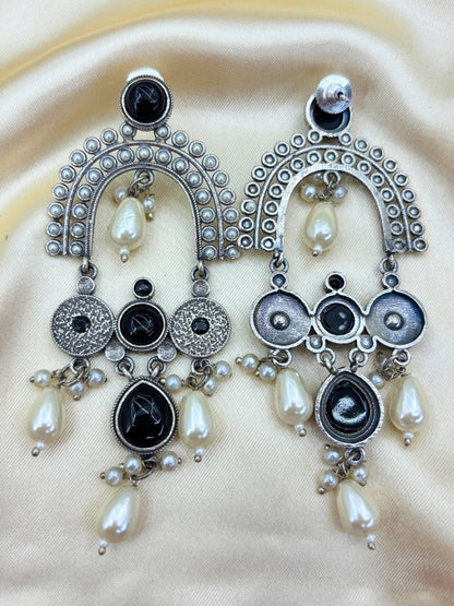 Black Stone & Pearl Embellished Oxidised Chandbali Statement Earrings