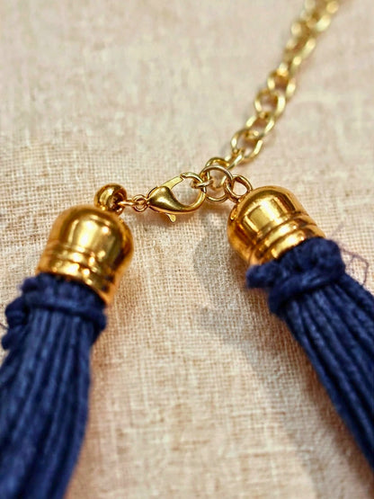 Gold-Plated Oxidised Statement Blue Thread Layered Jute Necklace